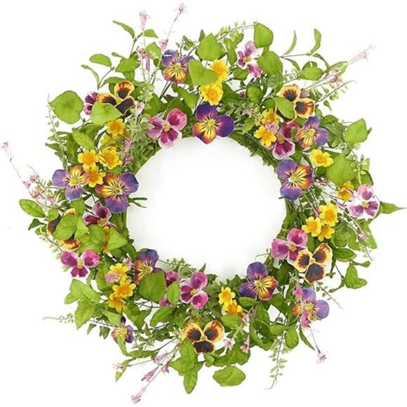 Artificial 20" Spring Summer Wreath with Pansy Flower,Yellow Daisy,Rose Leaf - Picture 8 of 8